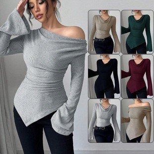 Blouse Off Shoulder - レディースブラウス 長袖 ソリッドカラー 長袖ブラウス リブ編みカウルネックニットトップ ベルアシンメトリーヘム