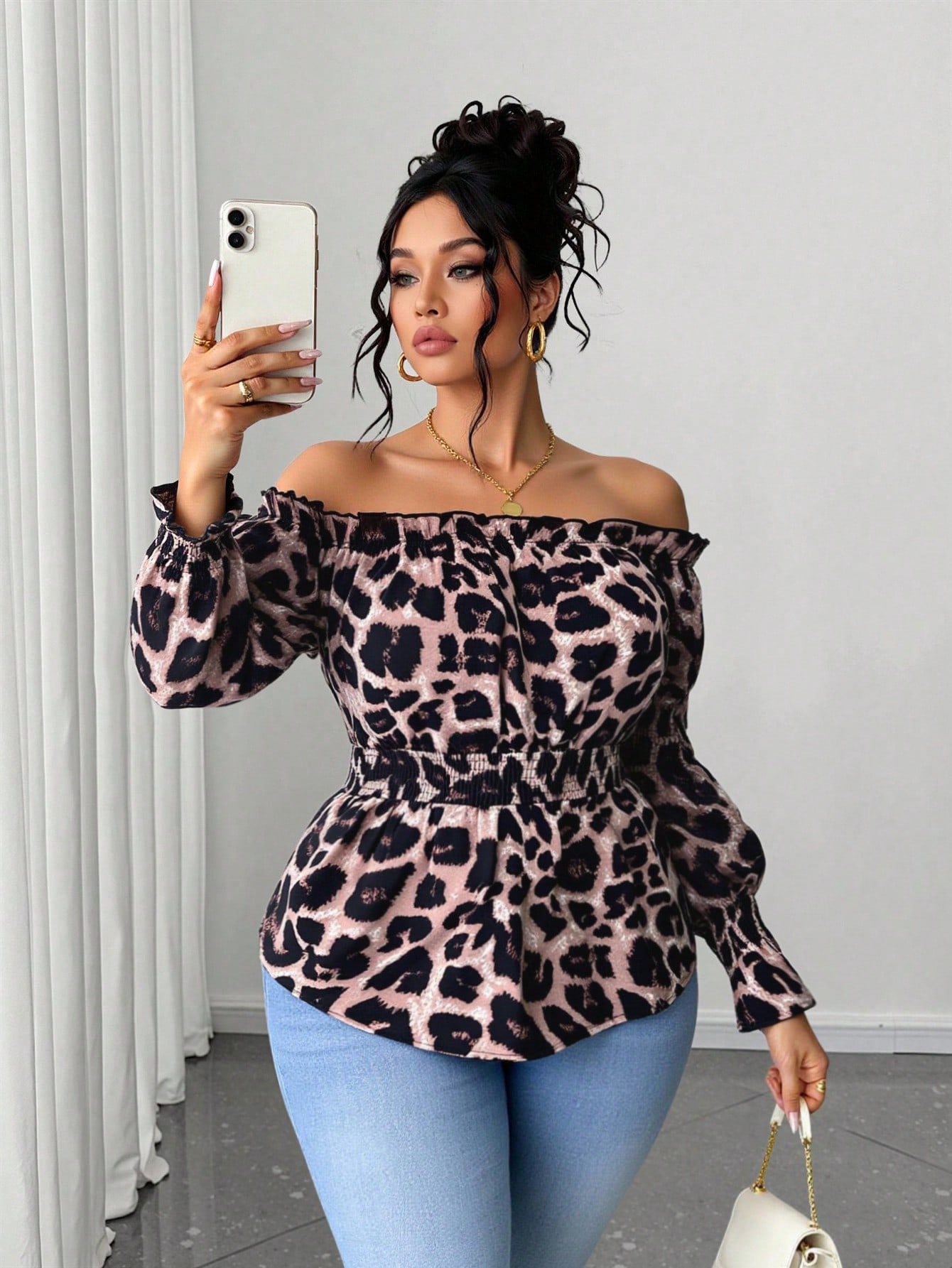Blouse Off Shoulder - プラスサイズ女性用レオパード柄ラッフルオフショルダー長袖ファッショナブルブラウス、春夏ペプラムトップ
