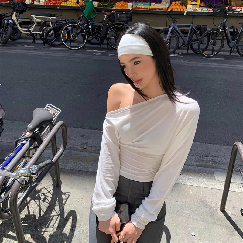 Blouse Off Shoulder - 2026年 レディース ワンショルダートップ 長袖Tシャツ アシンメトリー ラッフル