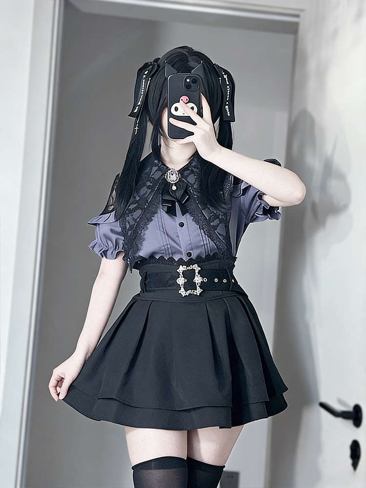 Blouse Off Shoulder - ゴシックスタイルの肩出しシャツとハイウエストミニスカートのツーピースセット女性用夏カレッジスタイルコンパクトサイズ