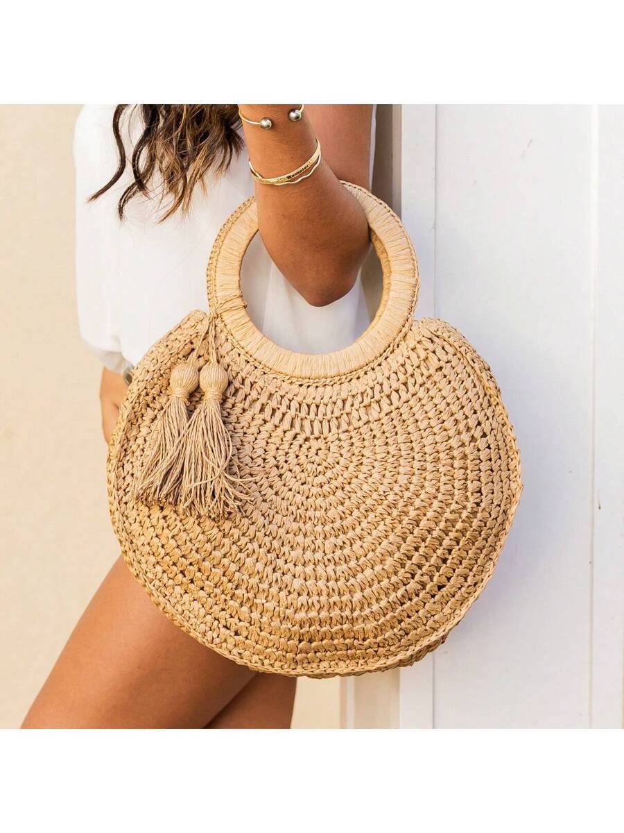 Tote Bag Beach - レディース夏用円形ストロー織りトートバッグ、タッセルハンドル付き、ビーチでの休暇や旅行に最適
