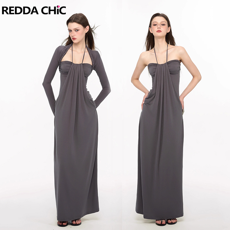 Maxi Dress Halter - REDDACHiC エレガントな編み込みショールドレスセット カジュアル モダール エクストラクロップ カーディガン