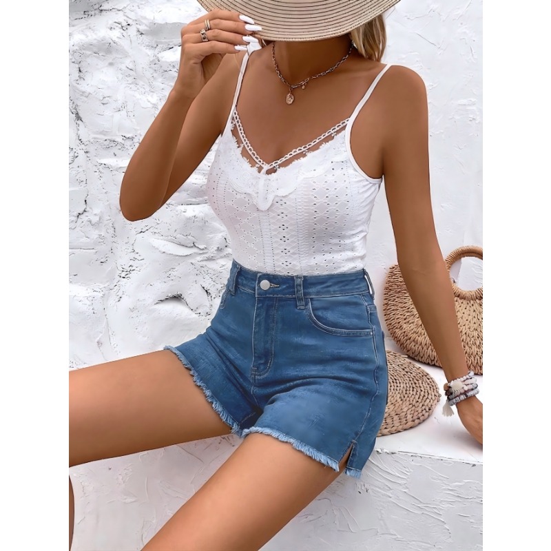 Shorts Denim Frayed - レディースハイウエストデニムショートパンツ 2026夏新作 伸縮性スリット入りフリンジヘム スリムフィット カジュアルストリートウェアジーンズショートパンツ