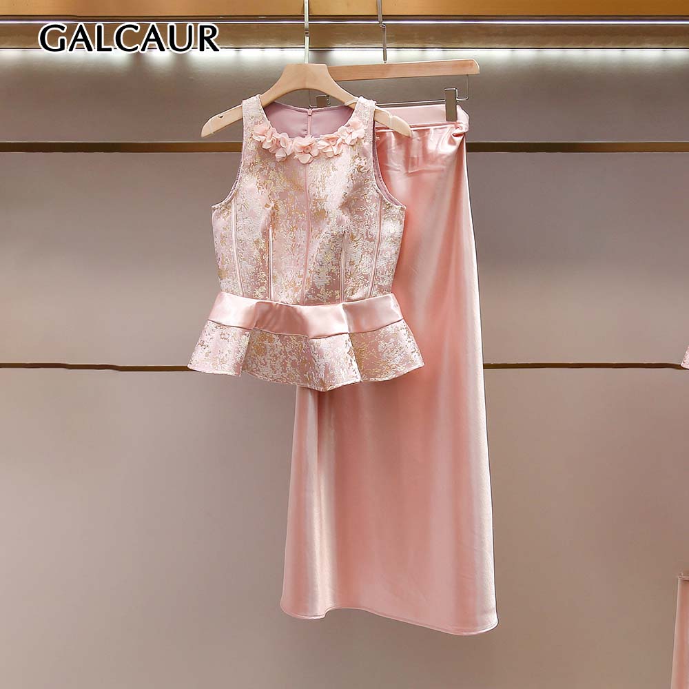 Midi Skirt Floral - GALCAUR ソリッドスプライス花柄スリムツーピースセット女性用ラウンドネックノースリーブトップハイウエストミディスカートカジュアルセット女性用