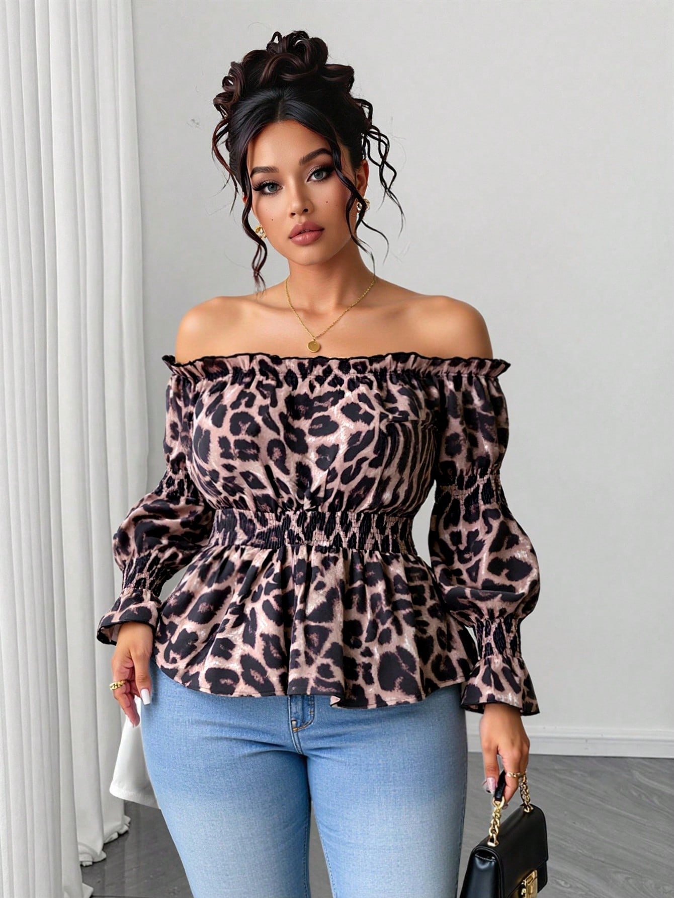 プラスサイズ女性用レオパード柄ラッフルオフショルダー長袖ファ - Blouse Off Shoulder のレビューと価格
