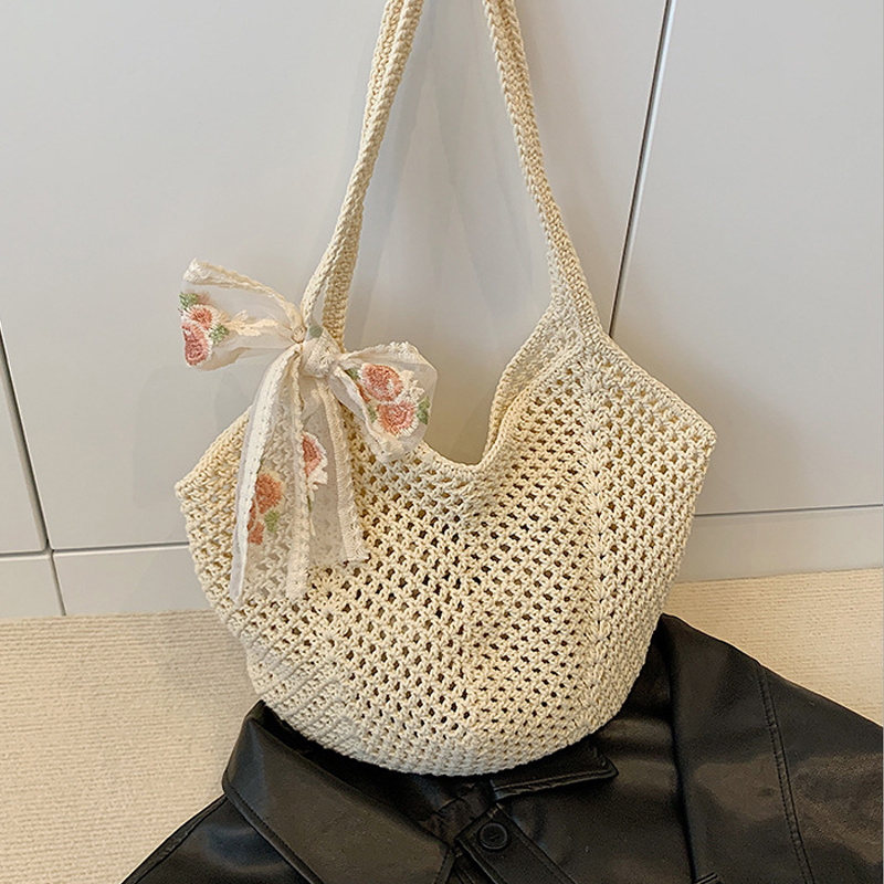 夏のレースボウトートバッグ レディース ラフィア編み込みショ - Crochet Bag Raffia のレビューと価格