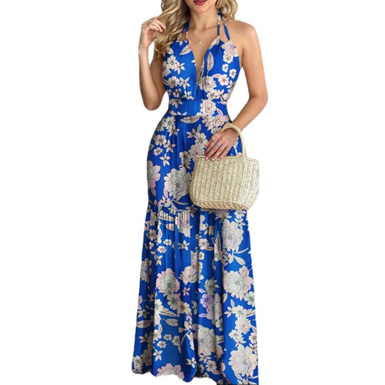 花柄マキシドレス ロングバックレス サマーエレガントガウン  - Maxi Dress Halter のレビューと価格