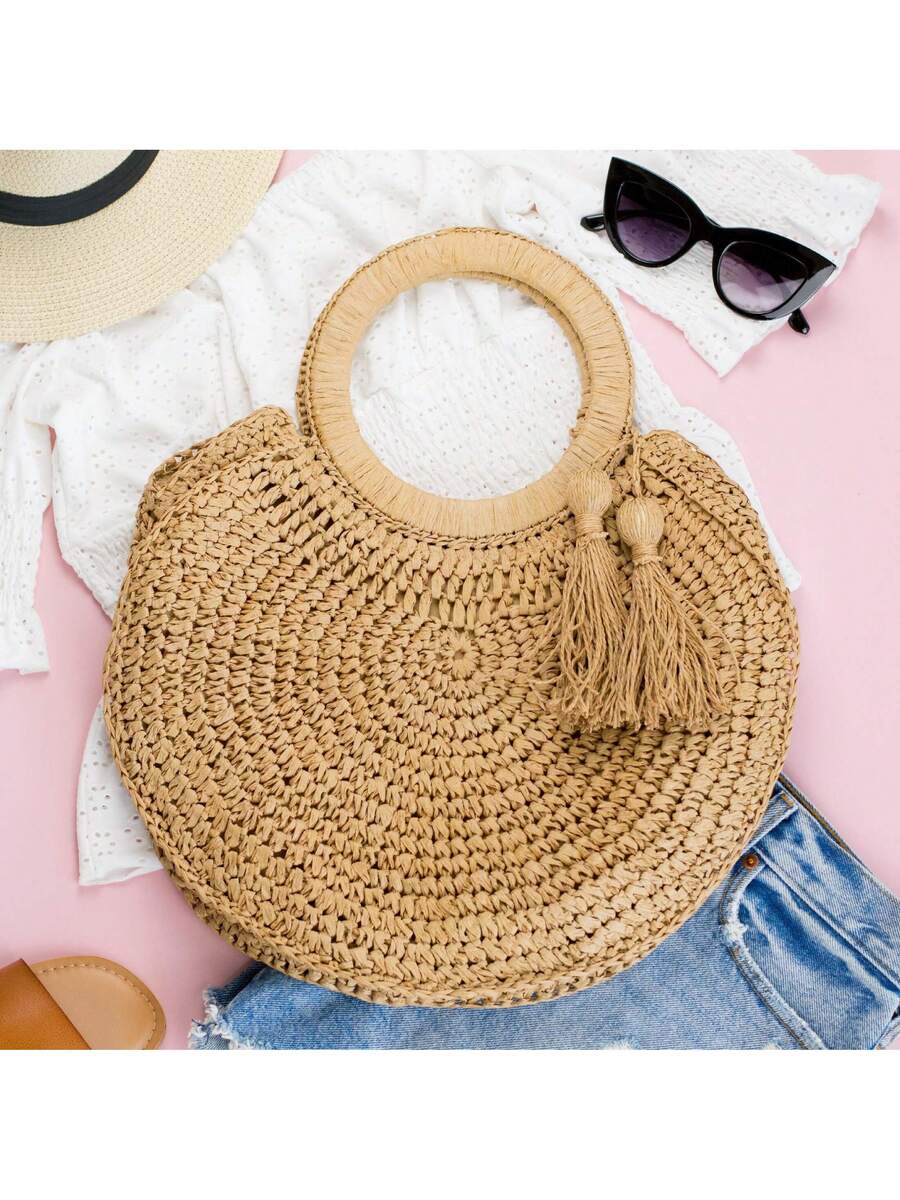 レディース夏用円形ストロー織りトートバッグ、タッセルハンドル - Tote Bag Beach のレビューと価格