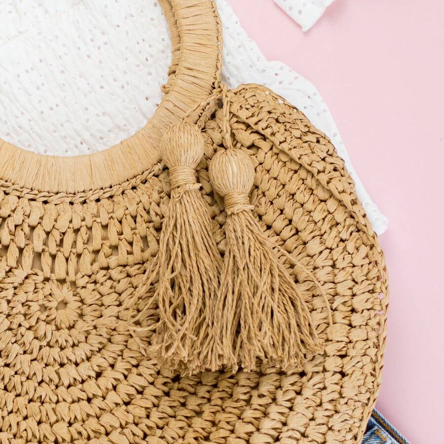 レディース夏用円形ストロー織りトートバッグ、タッセルハンドル - Tote Bag Beach のレビューと価格