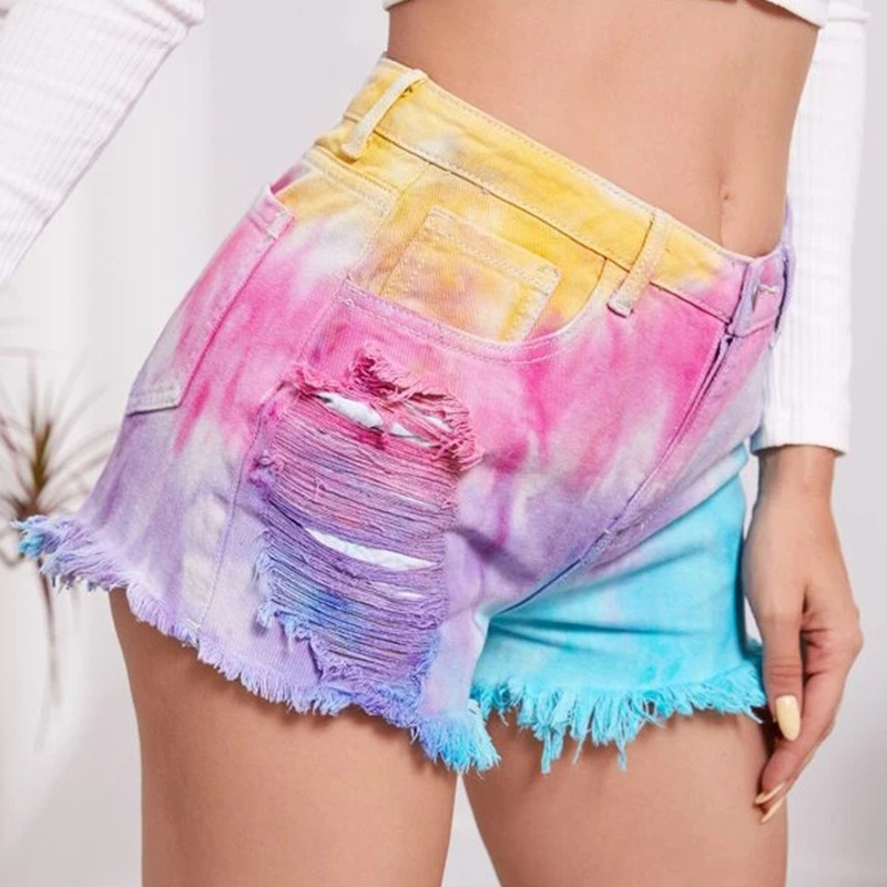 タイダイ染めの裾がほつれたルーズフィットデニムショートパンツ - Shorts Denim Frayed のレビューと価格