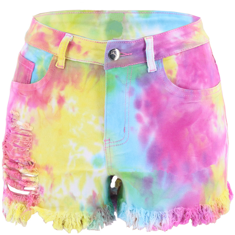 タイダイ染めの裾がほつれたルーズフィットデニムショートパンツ - Shorts Denim Frayed のレビューと価格