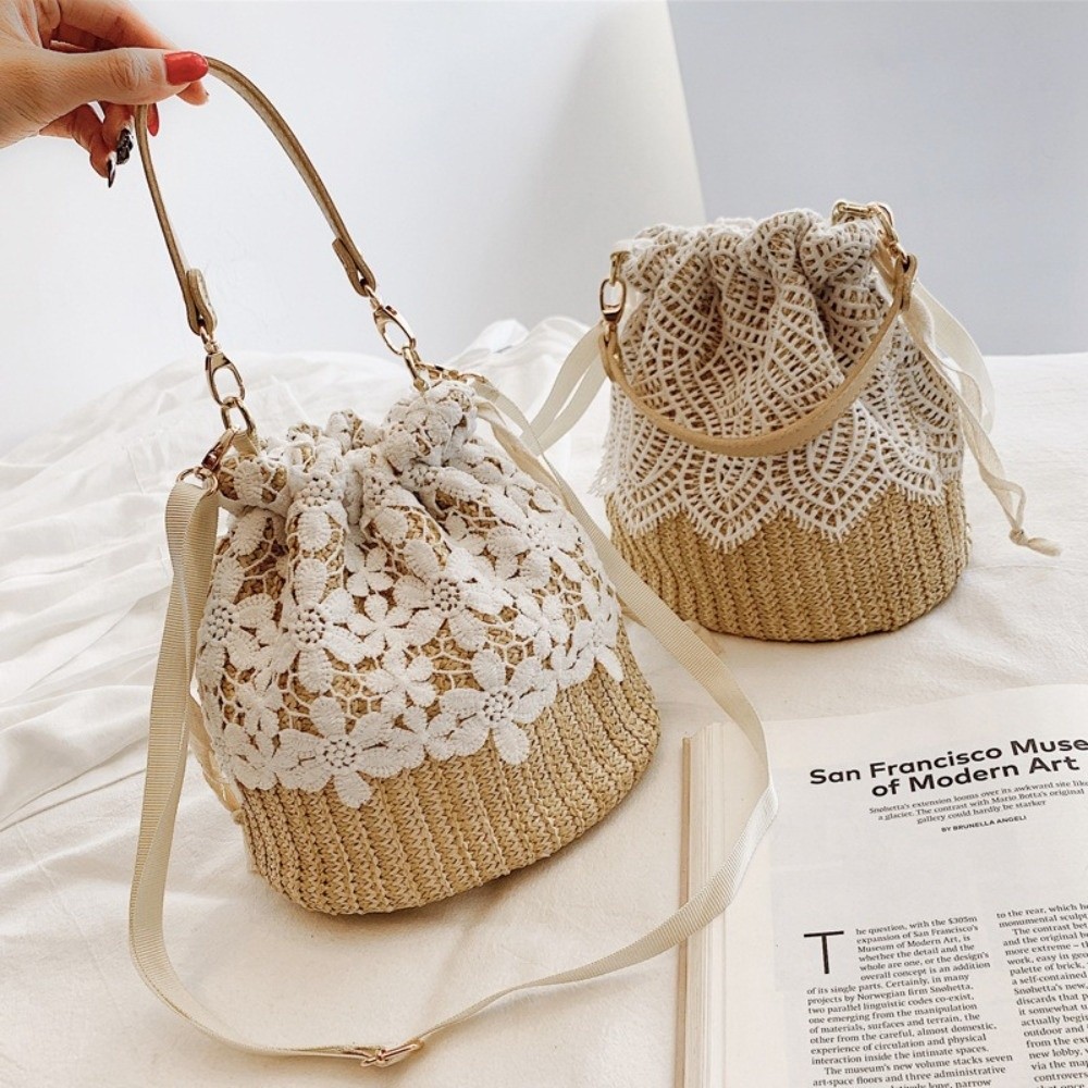 ポータブルレースストローショルダーバッグボヘミアンフラワーウ - Tote Bag Beach のレビューと価格