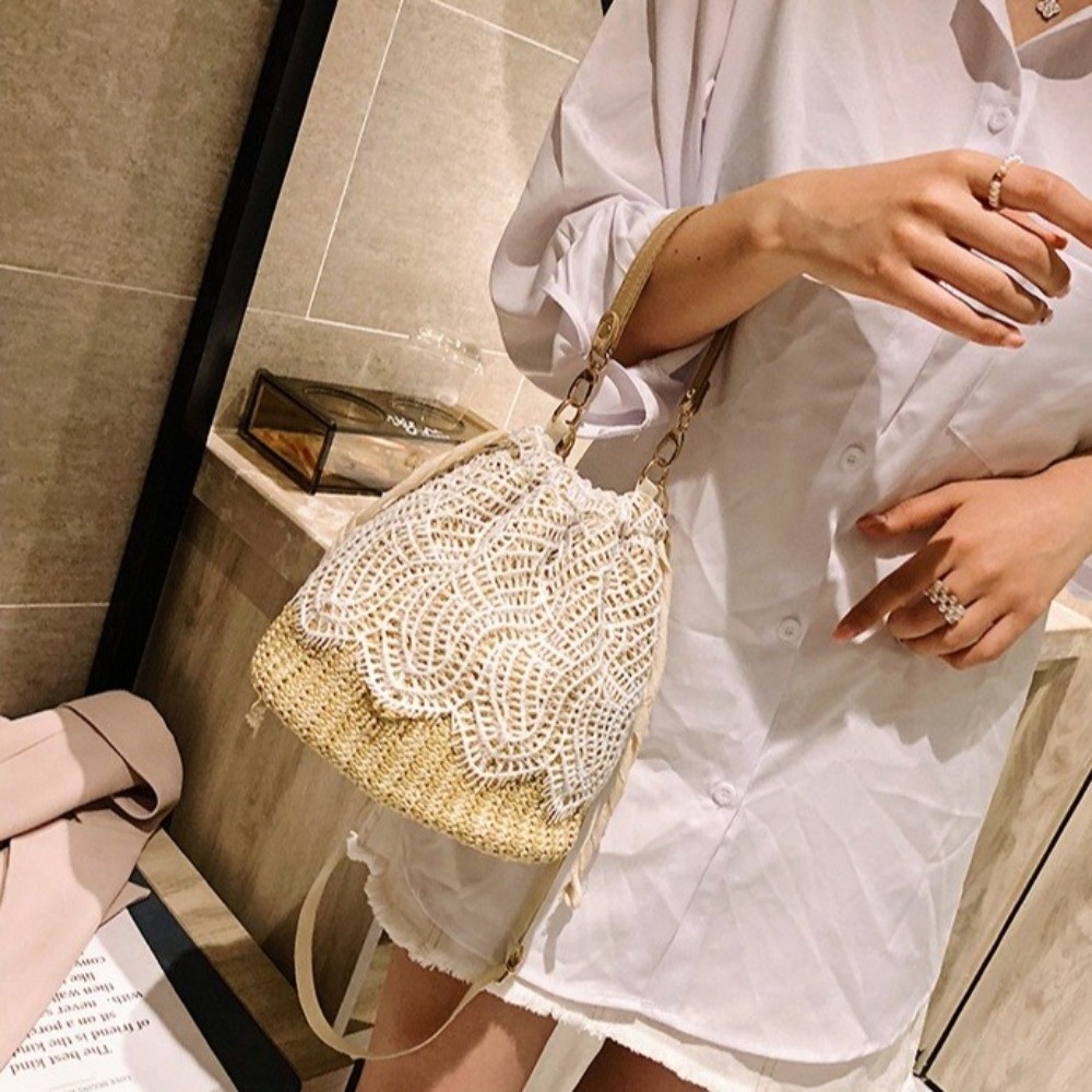 ポータブルレースストローショルダーバッグボヘミアンフラワーウ - Tote Bag Beach のレビューと価格